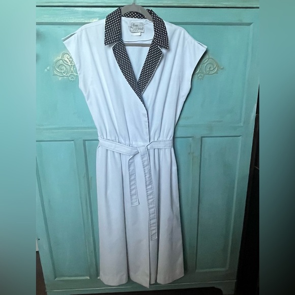 Lillian Russell Black White Wrap Belted Dress Polka Dot Collar Lapels Size 14 - Picture 1 of 8